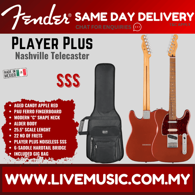 Fender Player Plus Nashville Telecaster Electric Guitar, Pau Ferro Fretboard - Aged Candy Apple Red
