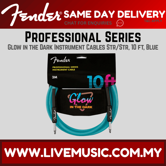 Fender 10 FT Professional Series Glow in the Dark Instrument Cable, Blue