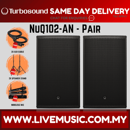 Turbosound NuQ102-AN 600 Watt 10" Powered Loudspeaker w/Wireless Mic, Speaker Stand And Cable - Each / Pair (NuQ102 AN NuQ102AN)