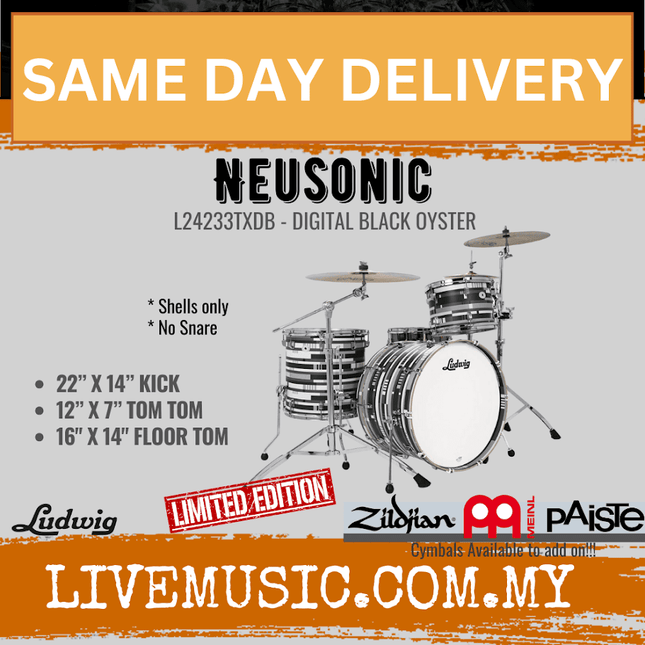 Ludwig L24233TXDB Neusonic 3-Piece Drum Shell Pack (22B+12T+16F), Digital Black Oyster