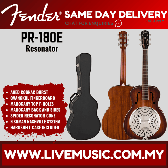 Fender PR-180E Resonator Guitar, Walnut FB, Aged Cognac Burst