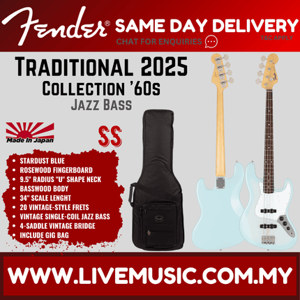 Fender Japan Traditional 2025 Collection 60s Jazz Bass Guitar, RW FB, Stardust Blue