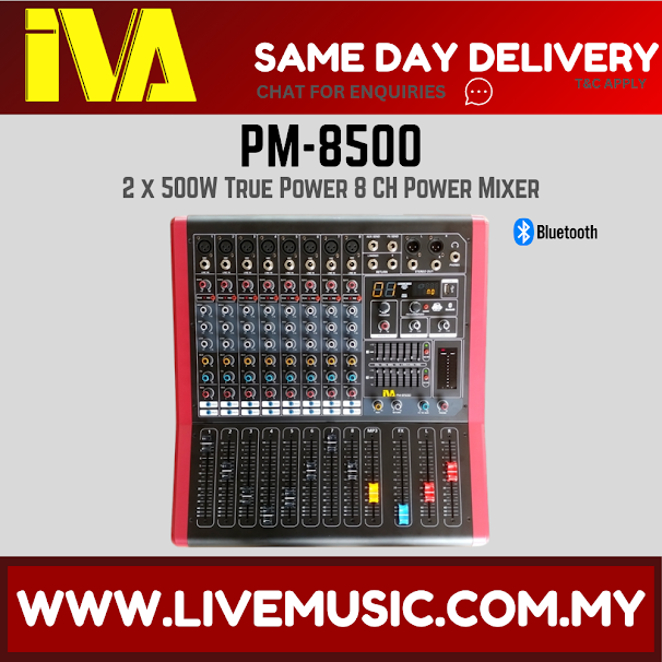 IVA PM-8500 2 x 500W True Power 8 CH Power Mixer c/w USB Recorder+Playback & Bluetooth ( PM8500 / PM 8500 )