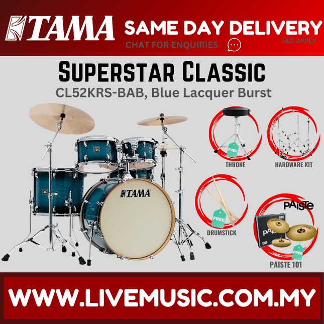 5-piece drum set with blue lacquer burst shells and cymbals