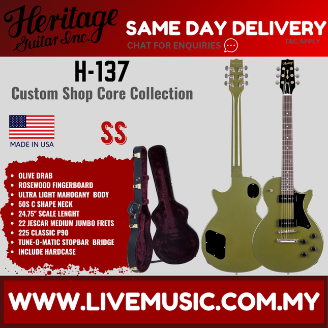 Heritage Custom Shop Core Collection H-137 Electric Guitar, Olive Drab ( H137 / H 137 )