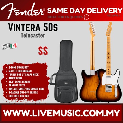 Fender Vintera 50s Telecaster Electric Guitar, Maple Fretboard with Gig Bag - 2-Tone Sunburst