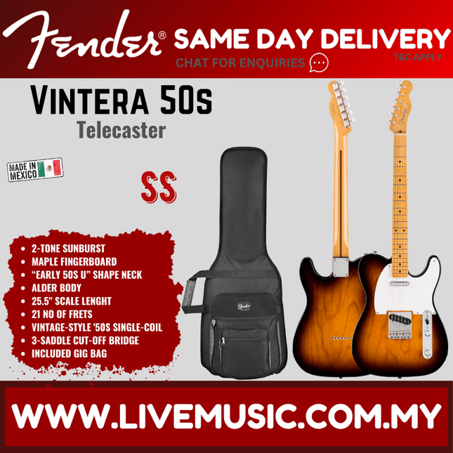 Fender Vintera 50s Telecaster Electric Guitar, Maple Fretboard with Gig Bag - 2-Tone Sunburst