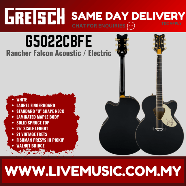Gretsch G5022CBFE Rancher Falcon Jumbo Acoustic Guitar, Black