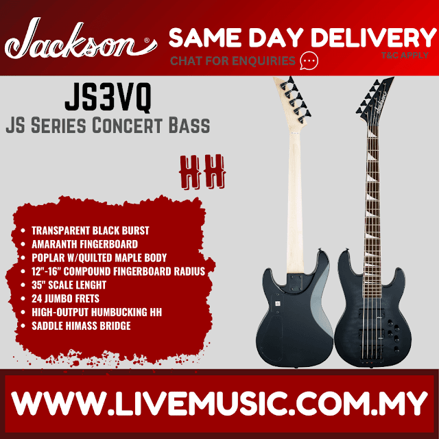 Jackson JS Series Concert Bass JS3VQ Guitar, Amaranth FB, Transparent Black