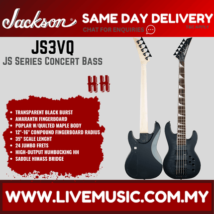 Jackson JS Series Concert Bass JS3VQ Guitar, Amaranth FB, Transparent Black
