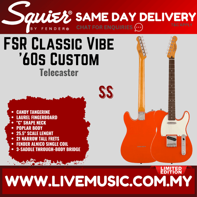 Squier FSR Classic Vibe 60s Custom Telecaster Electric Guitar, Indian Laurel FB, Candy Tangerine