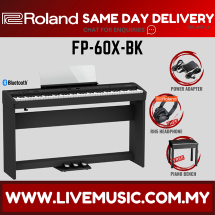 Roland FP-60X 88-key Digital Piano with Stand, Note Stand, RH5 Headphone and Adapter - Black ( FP60X / RH-5 )