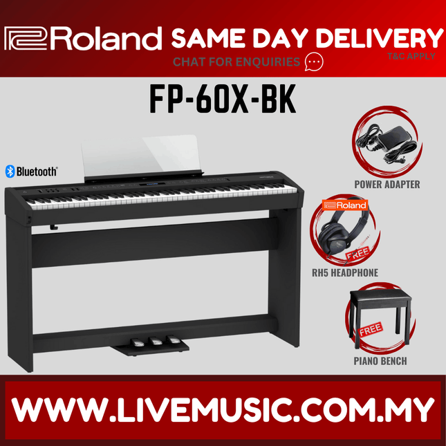 Roland FP-60X 88-key Digital Piano with Stand, Note Stand, RH5 Headphone and Adapter - Black ( FP60X / RH-5 )