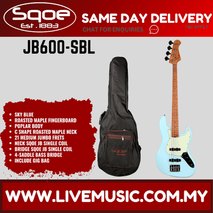 Sqoe JB600-SBL 4-String Electric Bass Guitar With Gig Bag Roasted Maple FB, Sky Blue ( JB600SBL / JB600 SBL )