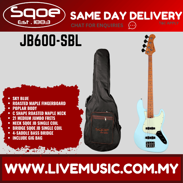 Sqoe JB600-SBL 4-String Electric Bass Guitar With Gig Bag Roasted Maple FB, Sky Blue ( JB600SBL / JB600 SBL )