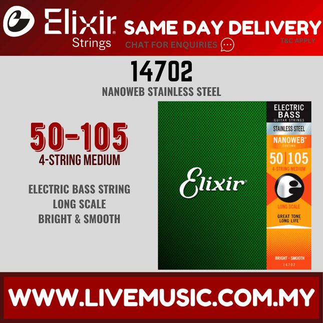 Elixir 14702 Nanoweb Medium B Long Scale Stainless Steel 4-String Electric Bass (50-105)