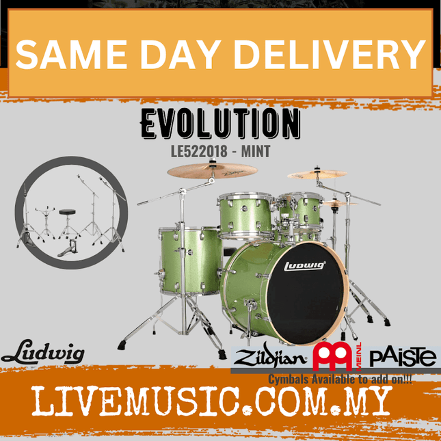 Ludwig LE522010 / LE522018 / LE522028 / LE522024 Evolution 5-Piece Drum Kit w/Hardware, Cherry / Mint /Platinum / Copper