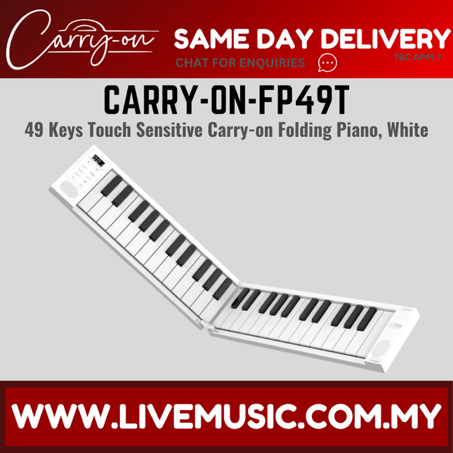 White 49-key folding portable piano with touch-sensitive keys, angled view