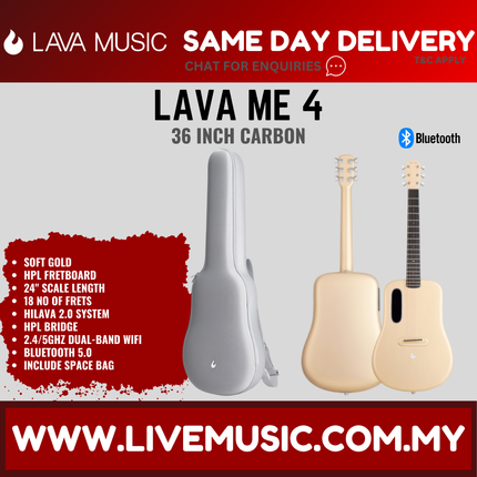 Lava Me 4 36" Carbon Fiber Smart Acoustic Electric Guitar With Touchscreen Effects And Space Bag-Gold