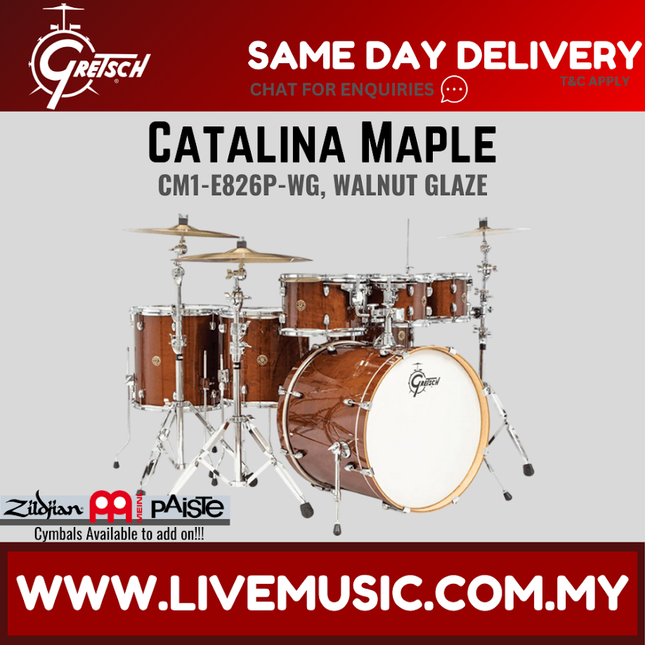 Gretsch Catalina Maple drum shell kit, walnut glaze 7-piece set with mounted toms