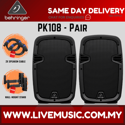 Behringer PK108 Passive 350-Watt 8" PA Speaker System W/Speaker Stand & Cable - Each / Pair ( PK 108 / PK-108 )