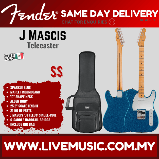 Fender J Mascis Telecaster Electric Guitar, Maple FB, Sparkle Blue