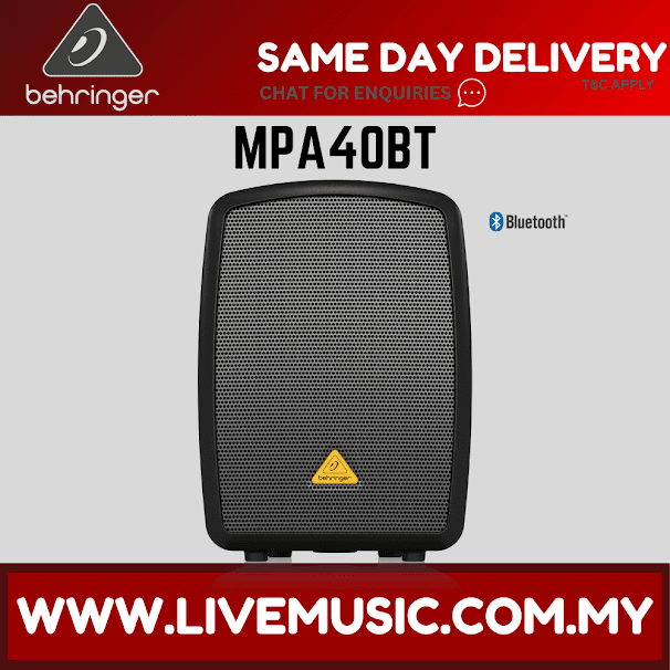 Behringer portable PA system speaker, black grille with front badge