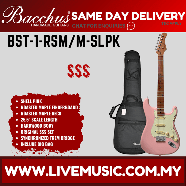 Shell pink electric guitar with light brown fretboard and black gig bag