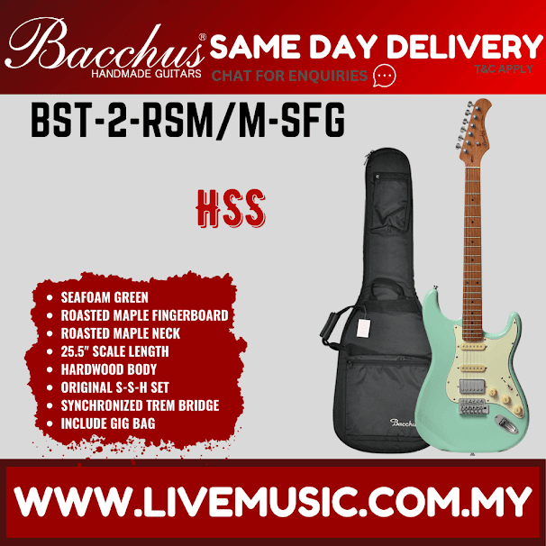Seafoam green electric guitar with roasted maple fretboard and black gig bag