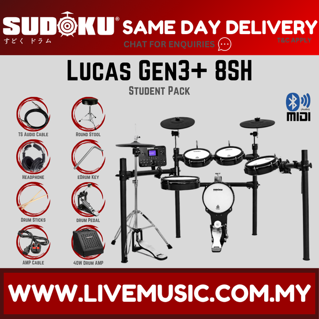 Electronic mesh drum set with control module, round stool, and headphones