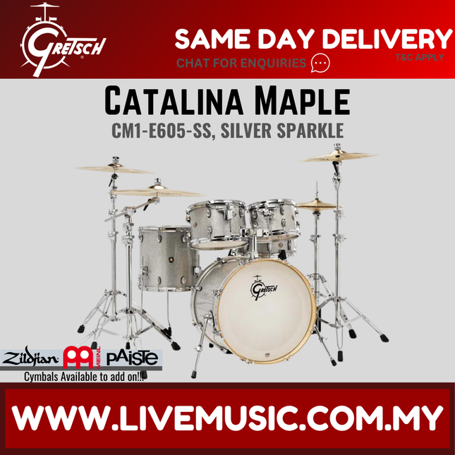 Gretsch Catalina Maple 5-piece drum shell kit in silver sparkle finish