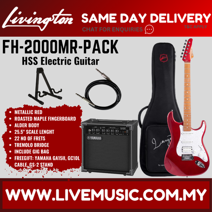Livingston FH-2000-Pack Stratocaster HSS Electric Guitar w/GA15II Amplifier, Roasted Maple Fretboard -Red ( FH2000 FH 2000 )