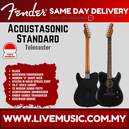Fender Acoustasonic Standard Telecaster Electric Guitar, RW FB, Black