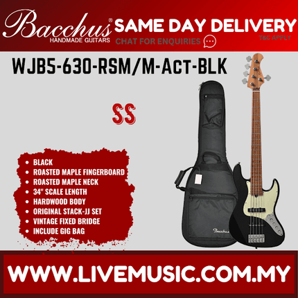 Bacchus WJB5-630-RSM/M-Act 5-Strings Bass Guitar, Roasted Maple Fretboard - Black ( WJB5630RSM / WJB5 630 )