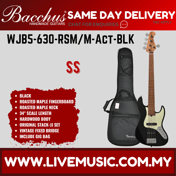 Black 5-string bass guitar with roasted maple fretboard, in black gig bag