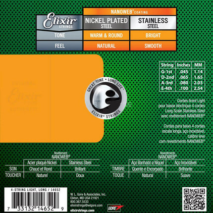 Elixir 14652 Nanoweb Stainless Steel Electric Bass Strings (45-100)