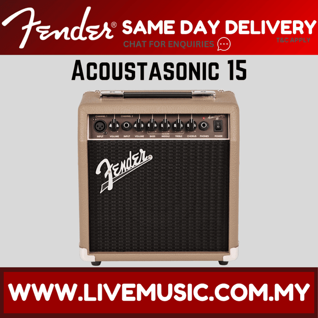 Acoustasonic 15 acoustic guitar amplifier, tan cabinet with black grille and control knobs