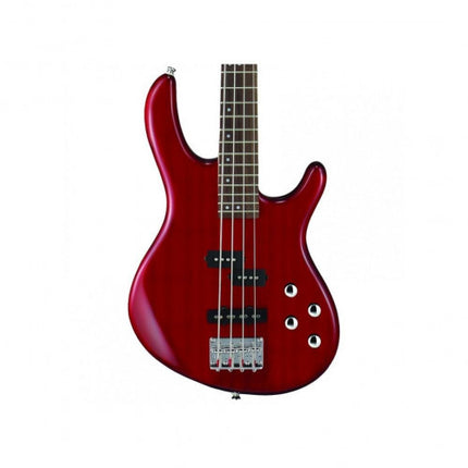 Trans red electric bass guitar body with dark pickguard, knobs, and strings