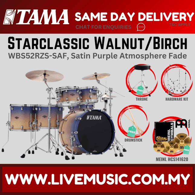 Tama WBS52RZS-SAF Starclassic Walnut/birch 5-piece Shell Pack w/Meinl Hcs141620 Cymbals Set - Satin Purple Atmosphere Fade