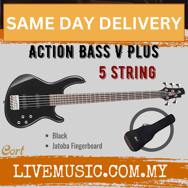Cort Action Bass V Plus 5-Strings Bass Guitar Jatoba Fretboard with Bag - Black (Action/V Plus)