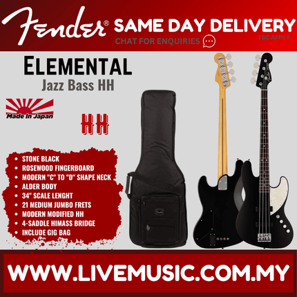 Fender Japan Elemental Jazz Bass HH Guitar, RW FB, Stone Black