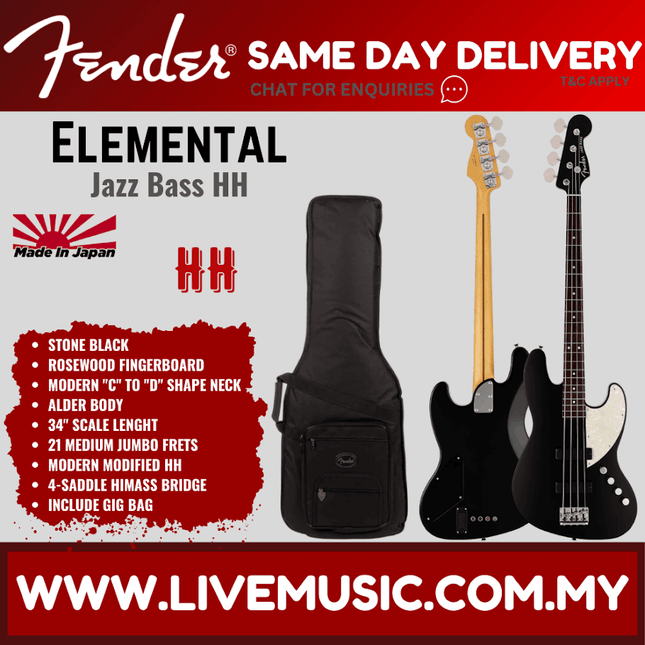 Fender Japan Elemental Jazz Bass HH Guitar, RW FB, Stone Black