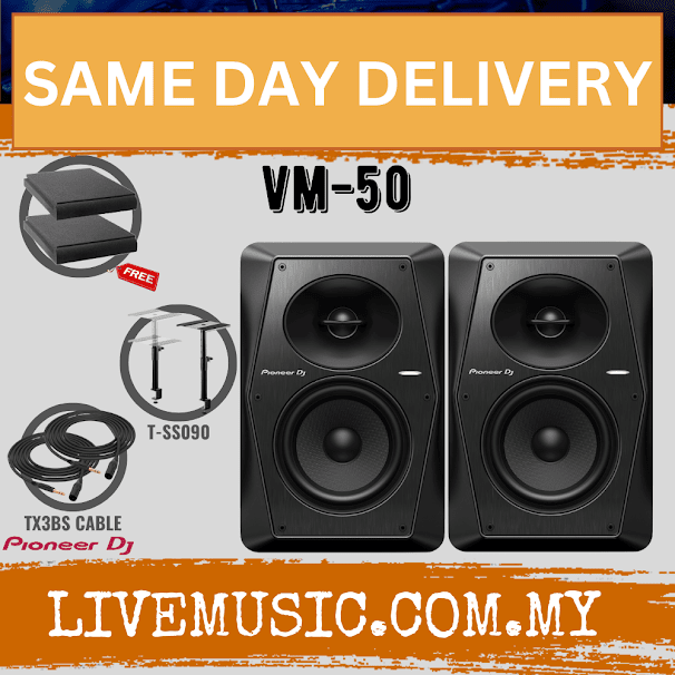 Pair of black 2-way active studio monitors with stand and isolation pads