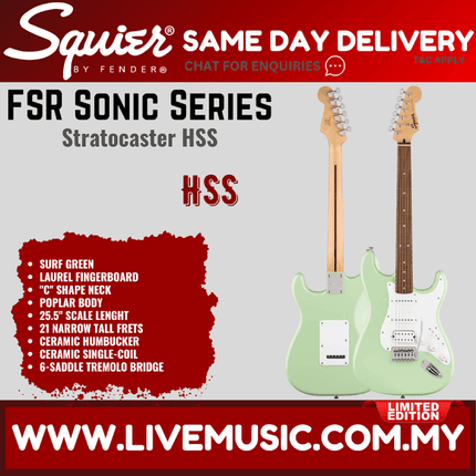 Squier FSR Sonic Stratocaster HSS Electric Guitar w/White Pickguard, Laurel FB, Surf Green