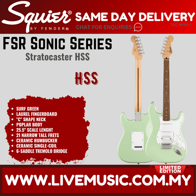 Squier FSR Sonic Stratocaster HSS Electric Guitar w/White Pickguard, Laurel FB, Surf Green
