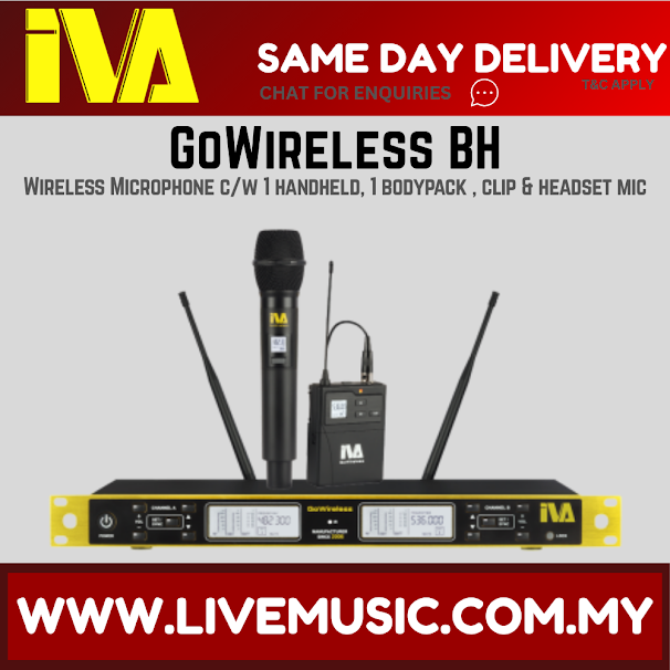 IVA GoWireless BH Wireless Microphone c/w 1 handheld, 1 bodypack , clip & headset mic ( GoWirelessBH / GoWireless-BH )