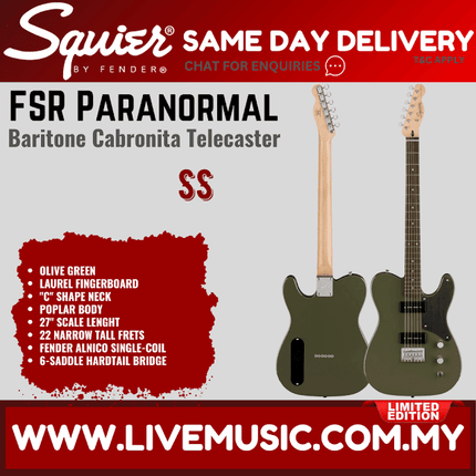 Squier FSR Paranormal Baritone Cabronita Telecaster Electric Guitar, Laurel FB, Olive Green