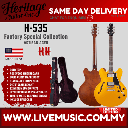 Heritage Factory Special Standard Collection H-535 Electric Guitar, Gold Top, Artisan Aged ( H535 H 535 )