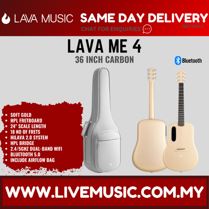 Lava Me 4 36" Carbon Fiber Smart Acoustic Electric Guitar With Touchscreen Effects And Airflow Bag-Gold