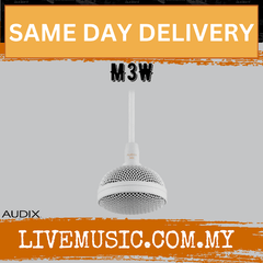 White Audix wired electric condenser microphone with foam grille and stand cable